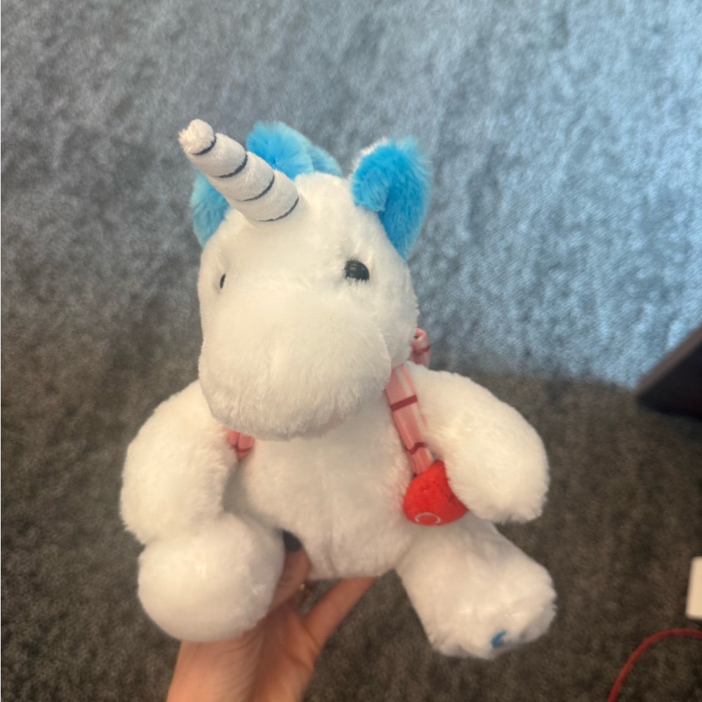 White Plush Unicorn with Blue Ears and Blue Tail